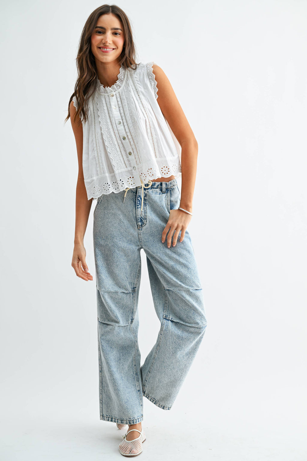 August Sleeveless Cotton Blouse With Eyelets