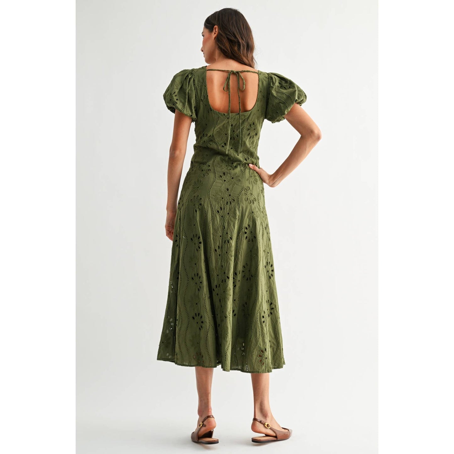 Willow Olive Green Puff Sleeve Embroidered Midi Dress