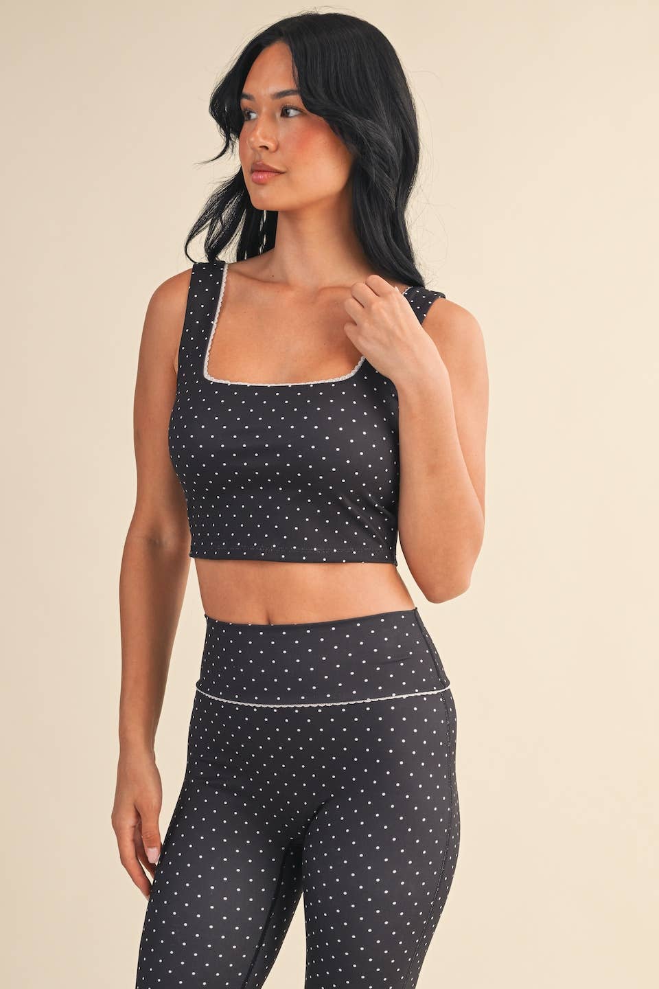 Polka Dot Print Crop Tank with Lace Trim