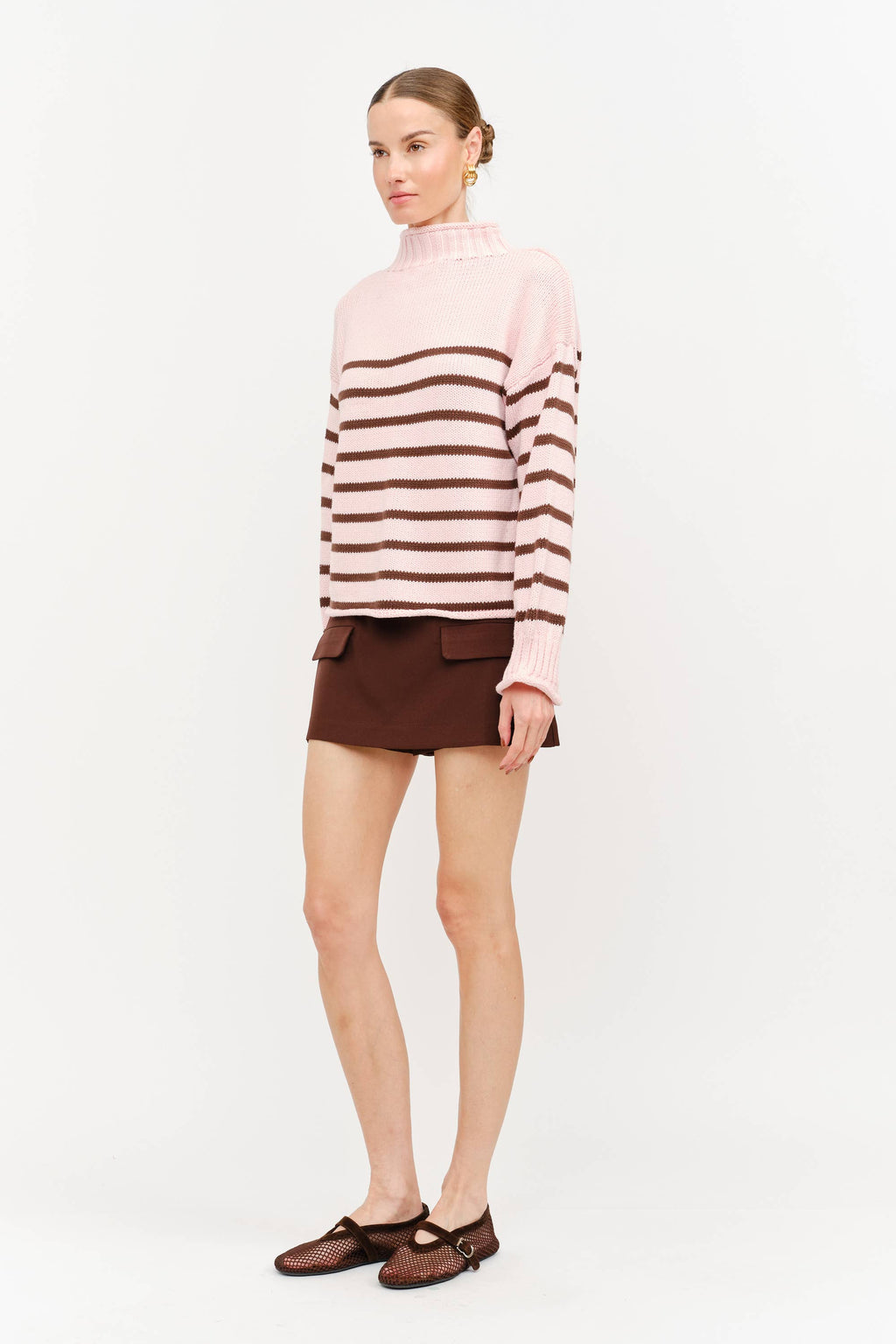 Skylar Cotton Striped Rollneck Sweater - Pink & Brown