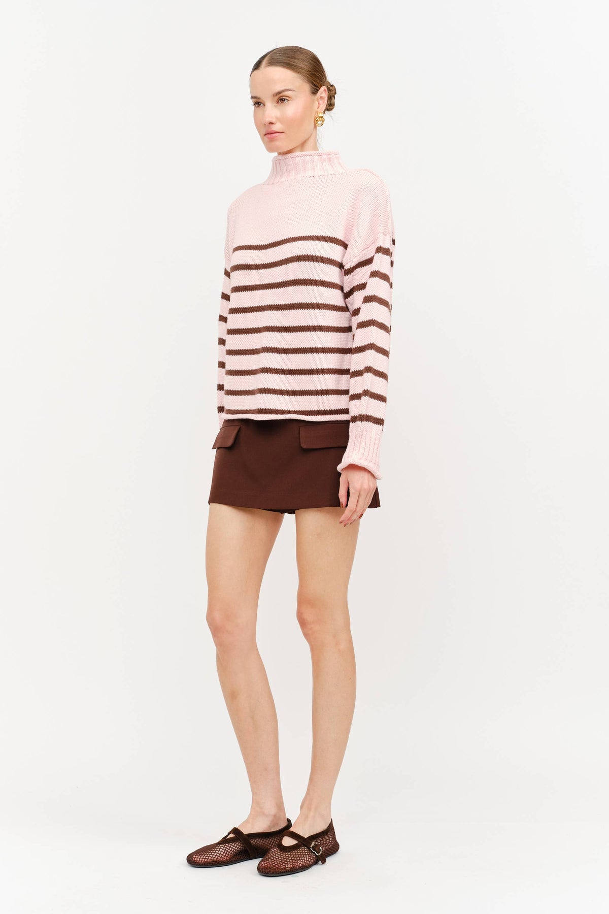 Skylar Cotton Striped Rollneck Sweater - Pink & Brown