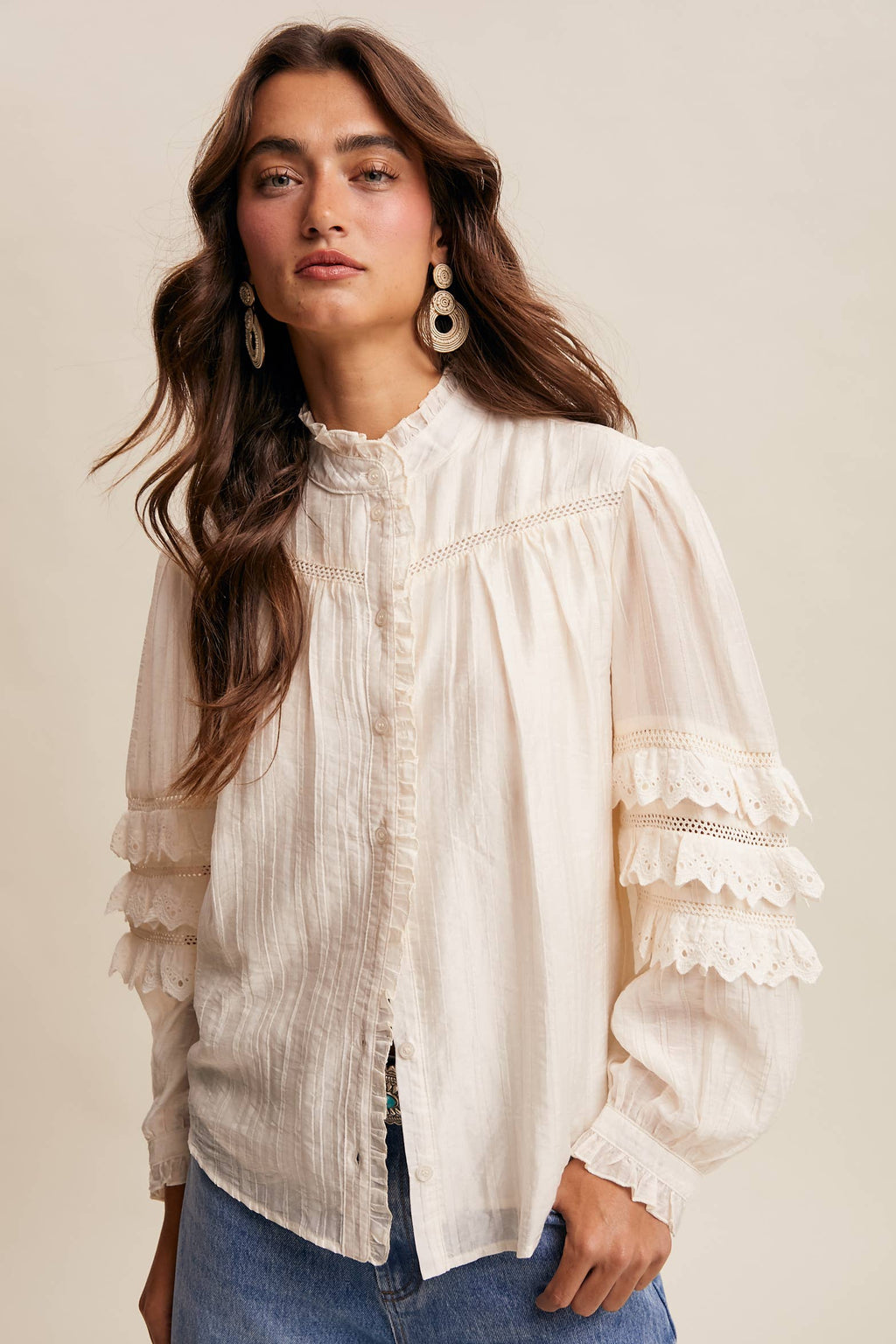 Amber Lace Ruffle Sleeve Pintuck Blouse