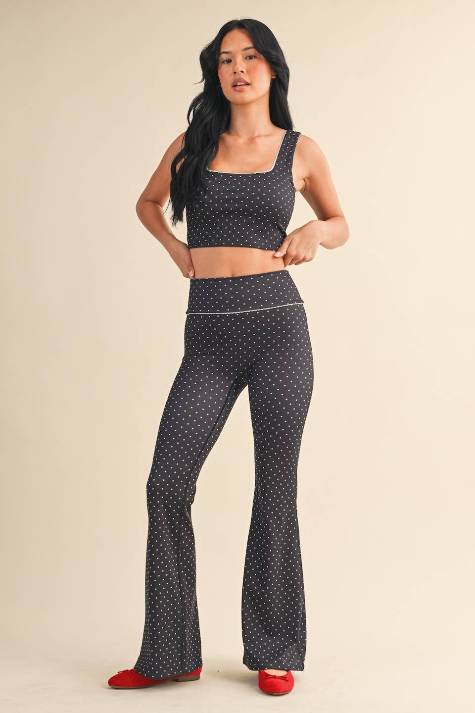 Polka Dot Print Crop Tank with Lace Trim