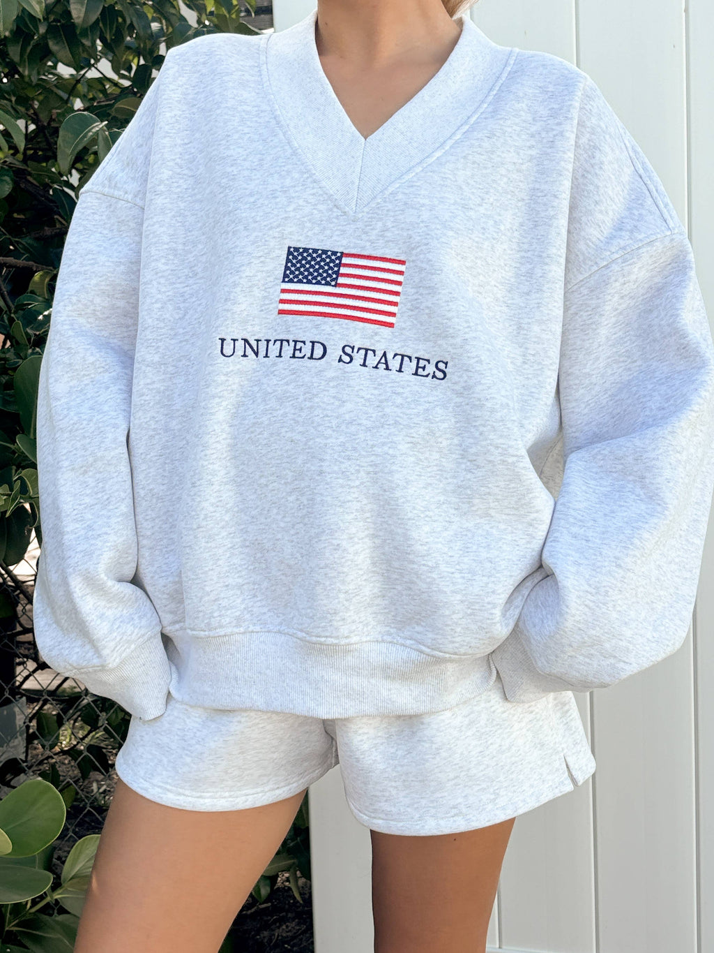Grey United States Flag Embroidered V-Neck Sweatshirt