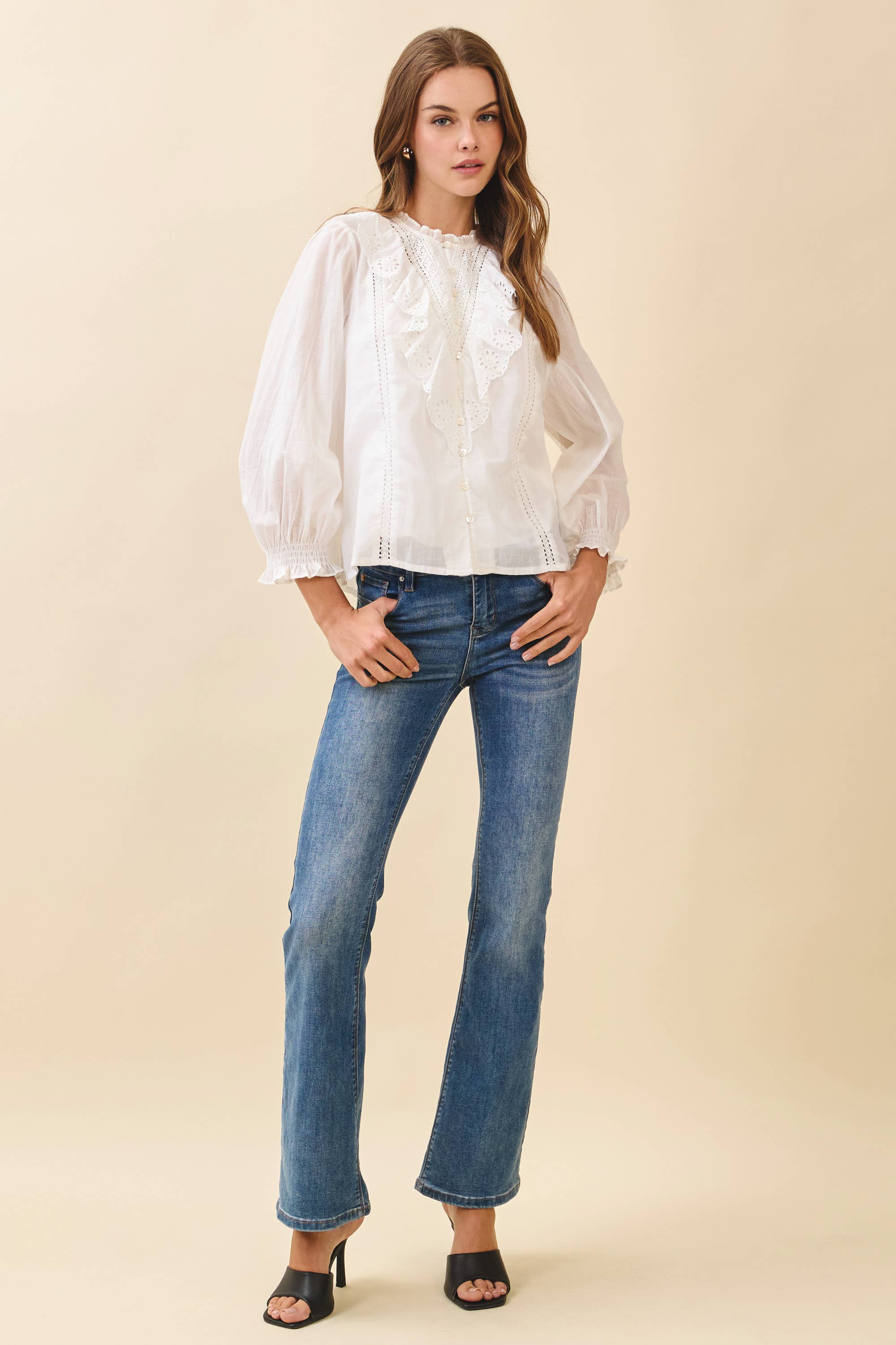 Renee Eyelet Embroidery Ruffle Lace Trim Button Down Top