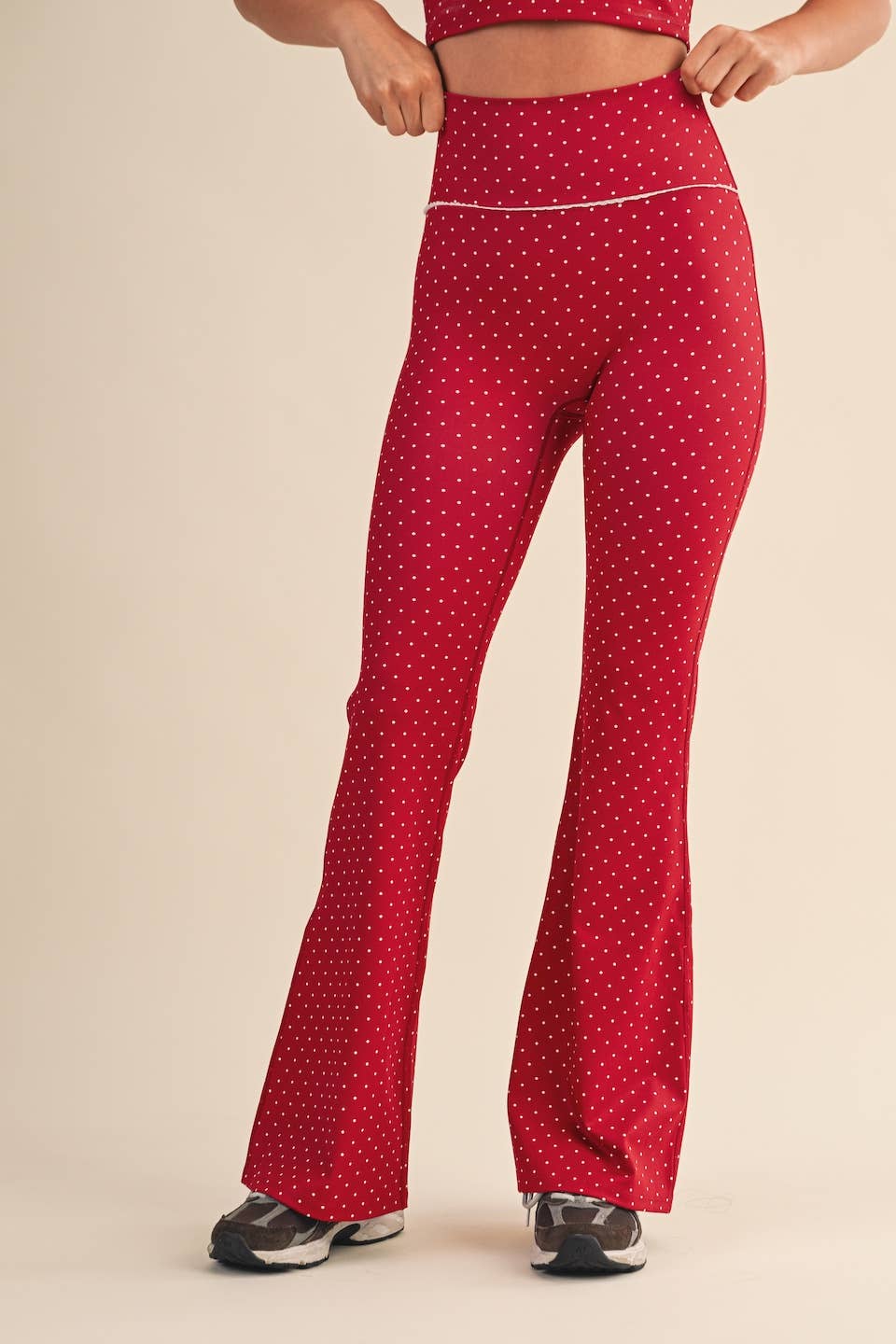 Polka Dot Print High Waist Flare Pants with Lace Trim