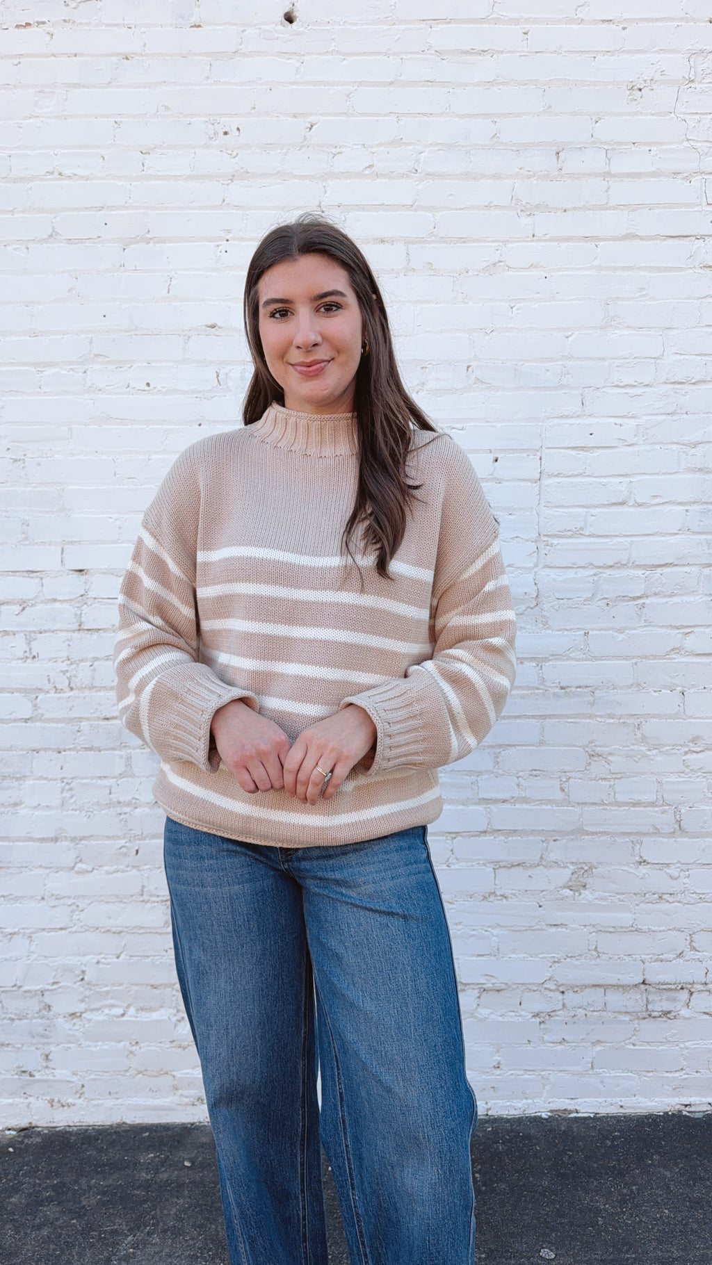 Skylar Cotton Rollneck Sweater- Tan & Cream