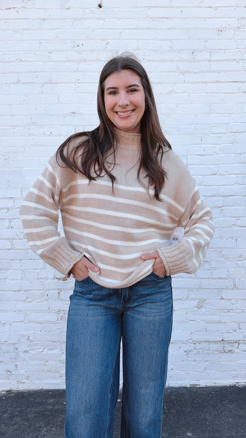 Skylar Cotton Rollneck Sweater- Tan & Cream