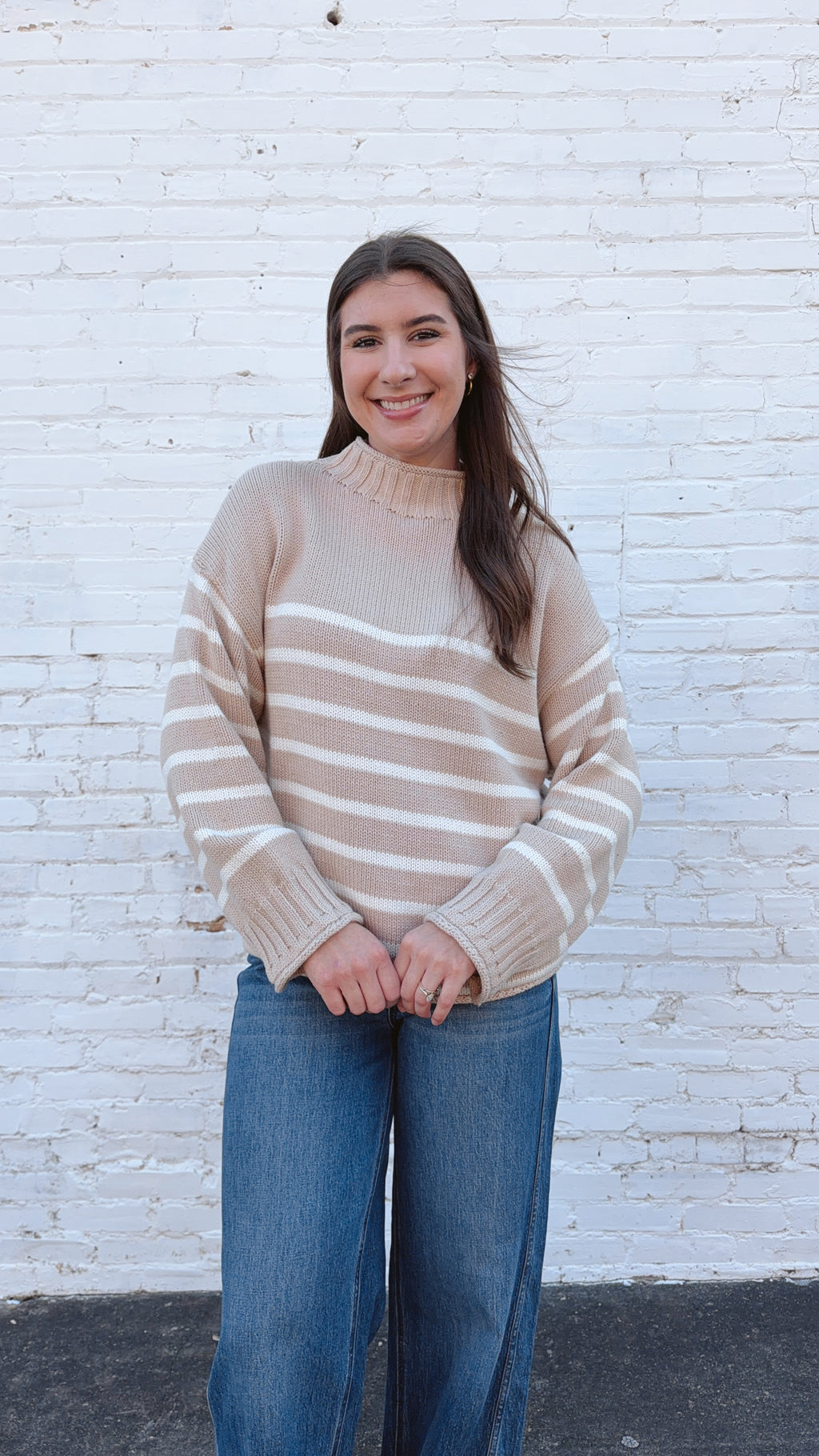 Skylar Cotton Rollneck Sweater- Tan & Cream